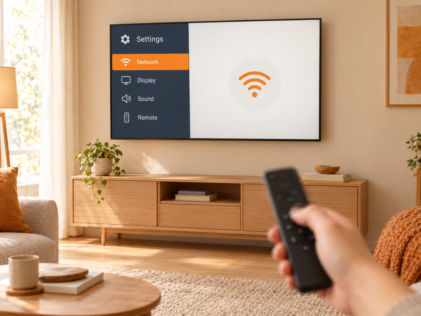 TV switched on with the settings menu open while a hand uses the remote